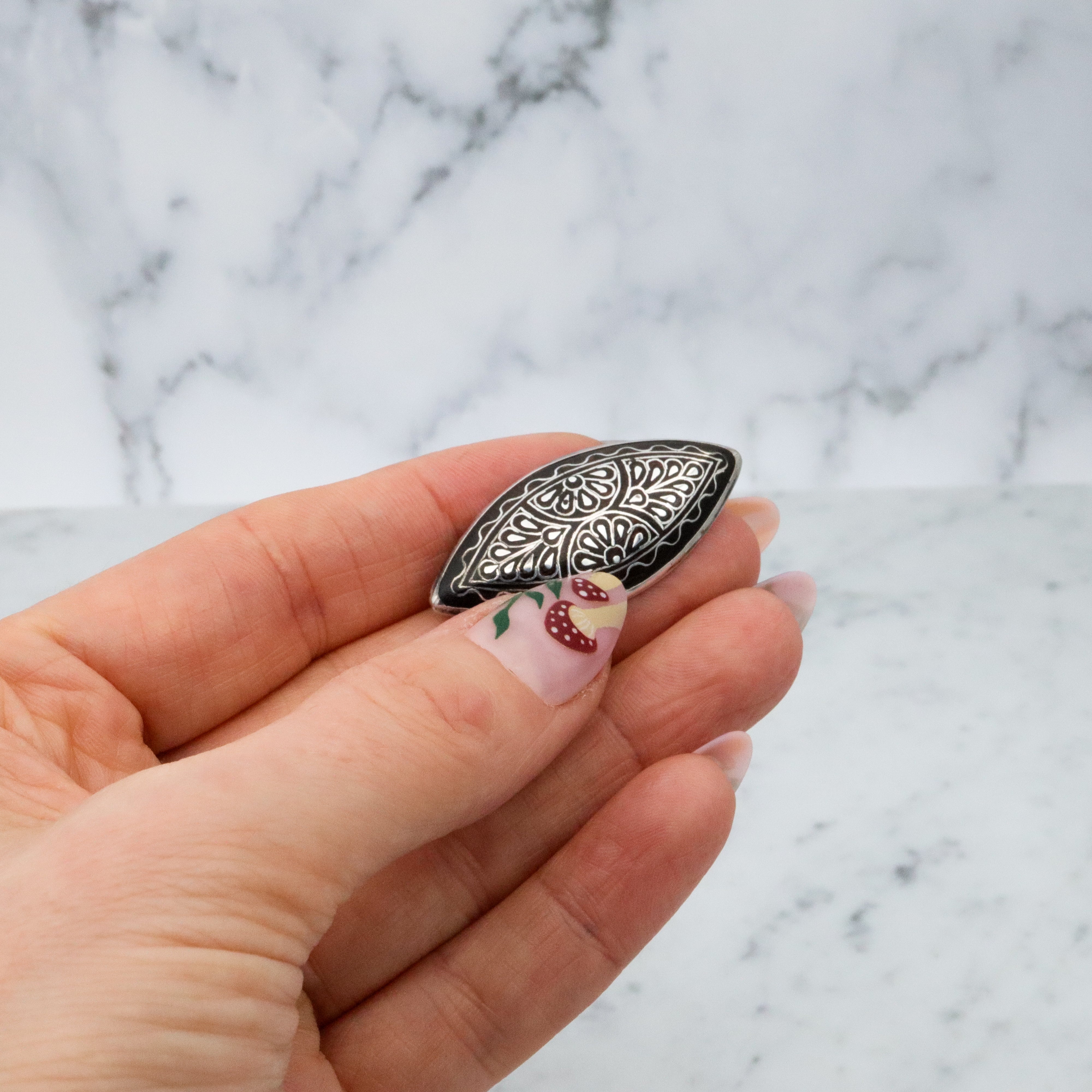 Antique Victorian silver inlaid wood elliptical brooch
